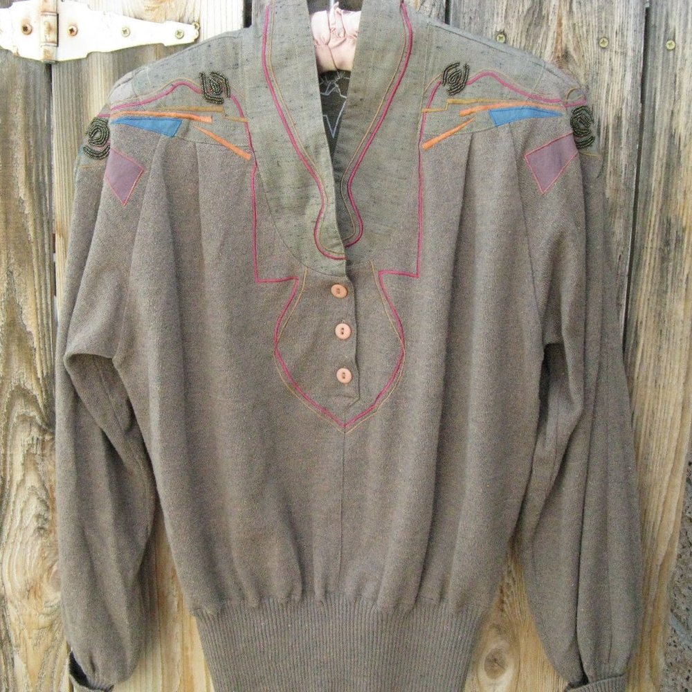 Raw Silk Knitted Top with Colorful Silk Applique, Beads and Embroidery